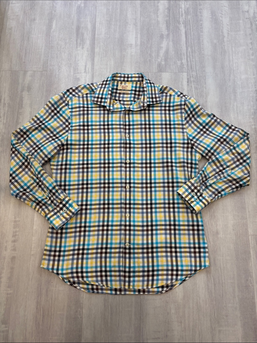 Original Penguin Heritage Men's Plaid Button-Down Shirt in Blue, Yellow & White